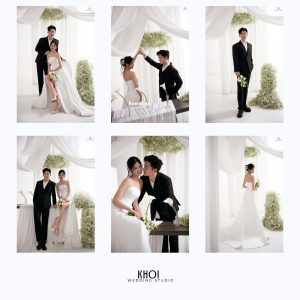Cặp đôi trong bộ ảnh Studio Album với phong cách Hàn Quốc, sang trọng và tông màu trắng sáng tinh khôi, diện lụa trắng và vest đen truyền thống.