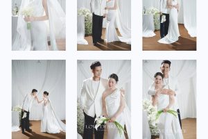 Cặp đôi trong bộ ảnh cưới phong cách Hàn Quốc, diện váy cưới trắng tinh khôi và vest trắng sang trọng tại studio với tông màu sáng, nhẹ nhàng.