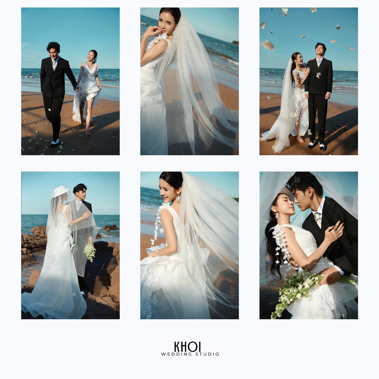 Cặp đôi trẻ nắm tay nhau cười rạng rỡ trong ánh nắng chiều buông xuống tại bãi biển Cửa Lò Nghệ An do Khói Studio thực hiện