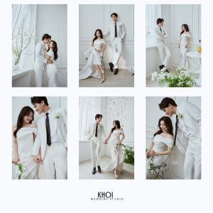 Bộ ảnh cưới phong cách Hàn Quốc với tông màu trắng tinh khôi và sang trọng.
