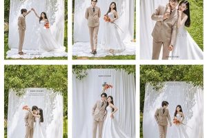 Bộ ảnh pre-wedding phong cách Hàn Quốc nhẹ nhàng với cặp đôi trong trang phục cưới thanh lịch tại studio.