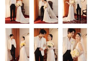 Cặp đôi trong bộ ảnh studio album sang trọng, diện váy cưới trắng tinh khôi và vest trắng thanh lịch, phong cách Hàn Quốc với tông màu ấm áp.