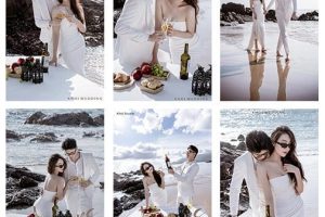 Bộ ảnh cưới lãng mạn và sang trọng của cặp đôi tại bối cảnh biển với tông màu trắng chủ đạo.