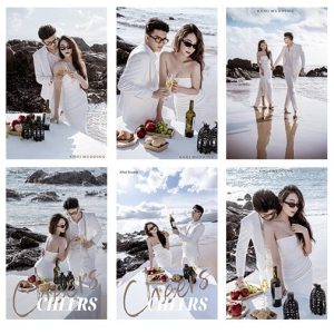 Bộ ảnh cưới lãng mạn và sang trọng của cặp đôi tại bối cảnh biển với tông màu trắng chủ đạo.