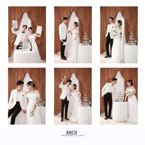 Cặp đôi trong bộ ảnh cưới studio sang trọng với váy cưới trắng tinh khôi và vest trắng thanh lịch, phong cách Hàn Quốc hiện đại, tông màu trung tính nhẹ nhàng.