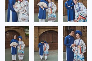 Cặp đôi trong trang phục áo dài truyền thống chụp ảnh pre-wedding với phong cách vintage tại bối cảnh kiến trúc cổ.