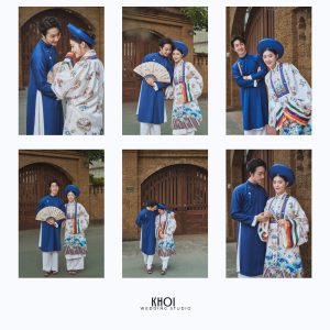 Cặp đôi trong trang phục áo dài truyền thống chụp ảnh pre-wedding với phong cách vintage tại bối cảnh kiến trúc cổ.
