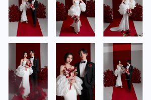 Bộ ảnh cưới pre-wedding sang trọng với tông màu đỏ và trắng chủ đạo trong studio.