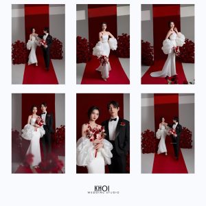 Bộ ảnh cưới pre-wedding sang trọng với tông màu đỏ và trắng chủ đạo trong studio.