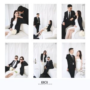 Bộ ảnh pre-wedding phong cách Hàn Quốc sang trọng với tông màu trắng và đen chủ đạo.