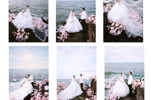 Bộ ảnh cưới lãng mạn của cặp đôi bên bờ biển với sắc hoa hồng nhẹ nhàng.
