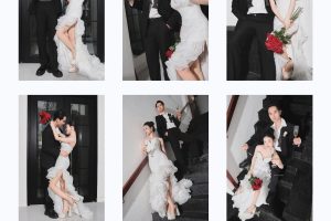 Bộ ảnh cưới pre-wedding sang trọng và lãng mạn của cặp đôi trong trang phục váy trắng và vest đen tại studio.