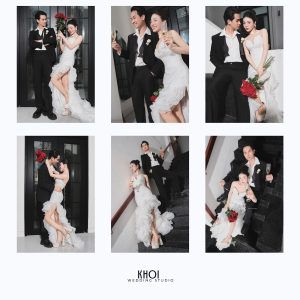 Bộ ảnh cưới pre-wedding sang trọng và lãng mạn của cặp đôi trong trang phục váy trắng và vest đen tại studio.