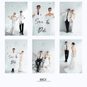Bộ ảnh cưới pre-wedding phong cách hiện đại, vui tươi với tông màu trắng chủ đạo được chụp tại studio.