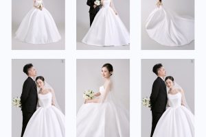 Bộ ảnh cưới sang trọng của cặp đôi trong studio với váy cưới trắng và vest đen.