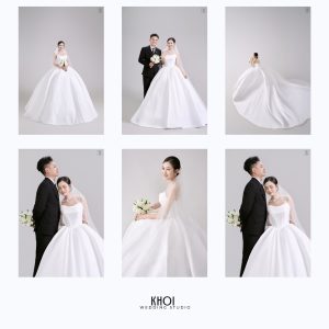 Bộ ảnh cưới sang trọng của cặp đôi trong studio với váy cưới trắng và vest đen.