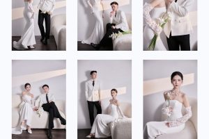Bộ ảnh cưới pre-wedding sang trọng với tông màu trắng chủ đạo được thực hiện tại studio.