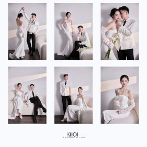 Bộ ảnh cưới pre-wedding sang trọng với tông màu trắng chủ đạo được thực hiện tại studio.