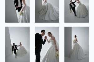 Bộ ảnh cưới pre-wedding sang trọng và lãng mạn của cặp đôi trong studio với tông màu trắng đen tinh tế.