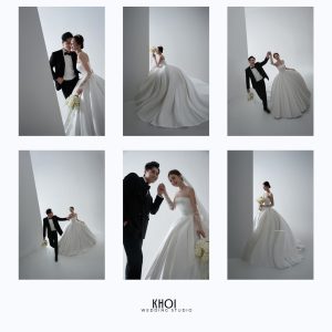 Bộ ảnh cưới pre-wedding sang trọng và lãng mạn của cặp đôi trong studio với tông màu trắng đen tinh tế.