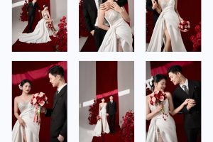 Bộ ảnh cưới pre-wedding sang trọng của cặp đôi với tông màu đỏ và trắng nổi bật trong studio.