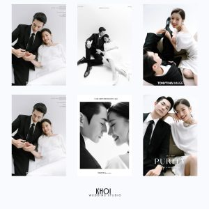 Bộ ảnh pre-wedding phong cách Hàn Quốc sang trọng với tông màu trắng và đen tinh tế.