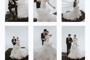 Bộ ảnh cưới sang trọng của cặp đôi với váy cưới lộng lẫy và vest lịch lãm được chụp tại studio.