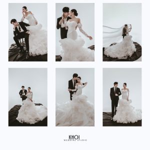 Bộ ảnh cưới sang trọng của cặp đôi với váy cưới lộng lẫy và vest lịch lãm được chụp tại studio.